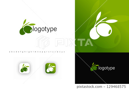 Minimalist olive branch logo symbolizing organic products, Mediterranean cuisine, and natural agriculture. Perfect for olive oil brands, eco-products, and gourmet food businesses. Modern vector logo 129468575