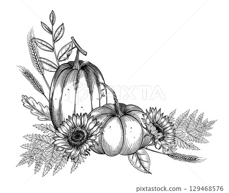 Vector illustration with Pumpkins and Sunflowers for harvest festival greeting cards or wedding invitations. Linear drawing of autumn leaves and fall plants and branches on isolated background 129468576