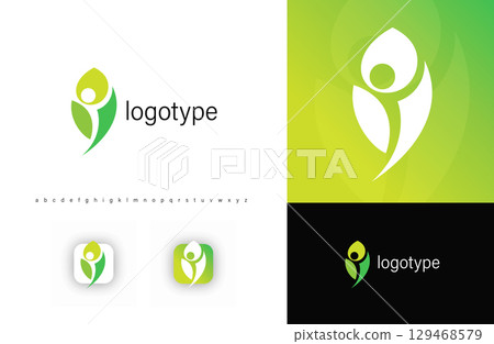 Abstract leaf and human figure logo in green tones, symbolizing nature, wellness, sustainability. Ideal for eco-friendly brands, health businesses, organic products, holistic wellness. Vector logo 129468579