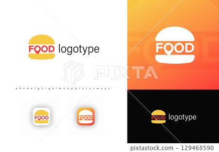 Minimalist burger logo with food pin icon, symbolizing fast food and delivery services. Ideal for restaurants, food apps, cafes, takeaway businesses. Vector logo Minimalist burger logo with food pin icon, symbolizing fast food and delivery services. Ideal for restaurants, food apps, cafes, takeaway businesses. Vector logo 129468590
