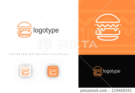 Minimalist burger logo with dripping sauce effect, symbolizing delicious fast food and restaurant branding. Ideal for food delivery apps, cafes, fast-food chains, and dining services. Vector logo 129468591