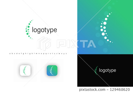 Minimalist spine logo with curved dotted structure, symbolizing spinal health, posture correction, chiropractic care for physiotherapy clinics, wellness centers, orthopedic specialists. Vector logo 129468620