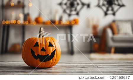 Halloween jack-o'-lanterns and interior decor 129468627
