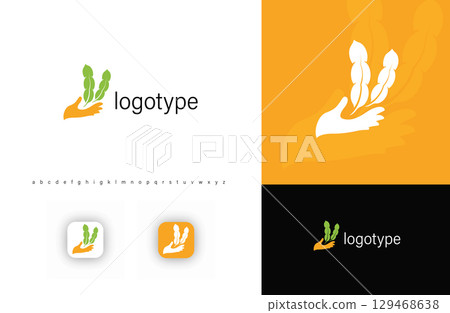 Hand holding soybean stalks, symbolizing sustainable agriculture, organic farming, natural food production. Ideal for agribusiness, food companies, farming organizations. Modern vector logo 129468638