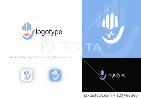Hand with heartbeat symbolizing medical care, protection, health services. Represents wellness, cardiology, diagnostics, therapy. Ideal for hospitals, clinics, healthcare apps. Modern vector logo Hand with heartbeat symbolizing medical care, protection, health services. Represents wellness, cardiology, diagnostics, therapy. Ideal for hospitals, clinics, healthcare apps. Modern vector logo 129468660
