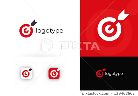 Target logo with arrow hitting center, symbolizing precision, success, goal achievement. Ideal for marketing, business strategy, consulting, branding, leadership coaching. Vector logo concept 129468662