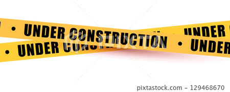 Under construction yellow warning tape safety stripe. Caution barrier stripe for safety zone, blocked area, website page, road work, site maintenance, redesign progress. Vector illustration. 129468670