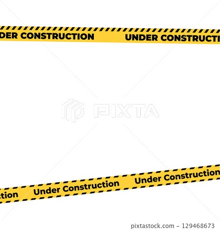 Under construction yellow warning tape safety stripe. Caution barrier stripe for safety zone, blocked area, website page, road work, site maintenance, redesign progress. Vector illustration. 129468673