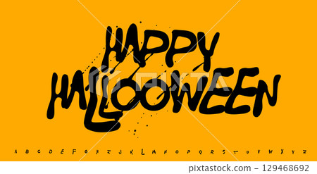 Happy Halloween phrase in graffiti brush style. Bold handwritten lettering with spooky ink splashes for posters, invitations, cards, social media. Vector illustration 129468692