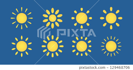 Bright yellow sun icons on blue background in flat minimal style. Ideal for weather apps, kids content, sunny branding, and cheerful designs. Vector illustration Bright yellow sun icons on blue background in flat minimal style. Ideal for weather apps, kids content, sunny branding, and cheerful designs. Vector illustration 129468706