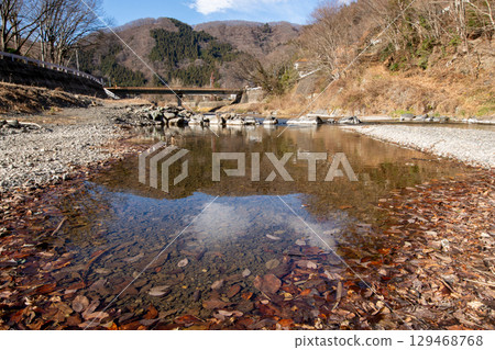 群馬縣河畔清澈的水坑和落葉的冬日風景 129468768