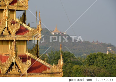 Myanmar, Mandalay, Old Royal Palace, View from the Watchtower, Distant View of Mandalay Hill 129469053