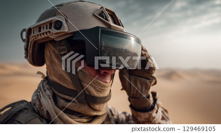 Soldier utilizes augmented reality technology during military operation in desert environment for enhanced situational awareness 129469105