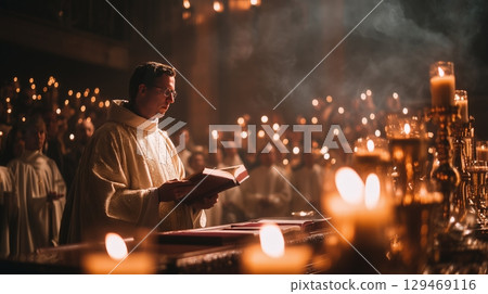 Priest reads scripture with passion during Sunday Mass in a candlelit church filled with attentive worshippers Priest reads scripture with passion during Sunday Mass in a candlelit church filled with attentive worshippers 129469116