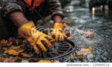 Sanitation worker clears clogged storm drain of debris after heavy rainfall to prevent flooding and maintain drainage 129469119