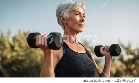 Active senior woman engages in outdoor dumbbell exercise for fitness and wellness 129469157