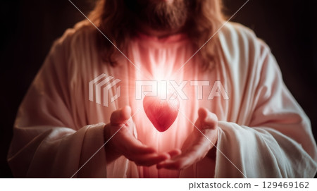 In a close-up view, Jesus cradles a radiant heart in his hands, embodying divine love and compassion 129469162