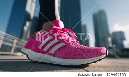Stylish pink athletic shoes highlighted during outdoor exercise in urban setting Stylish pink athletic shoes highlighted during outdoor exercise in urban setting 129469163