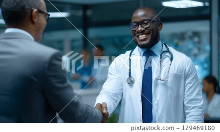 Smiling dark skin doctor offering handshake in medical office 129469180