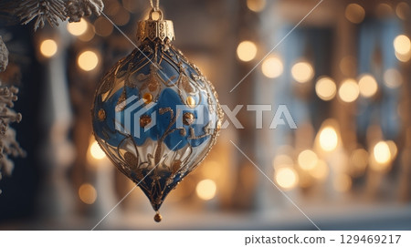 Elegant glass Christmas ornament sparkling with soft lights creating a warm holiday atmosphere Elegant glass Christmas ornament sparkling with soft lights creating a warm holiday atmosphere 129469217