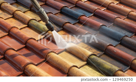 Expert service cleans terracotta roof tiles with high pressure jet during home renovation maintenance 129469250