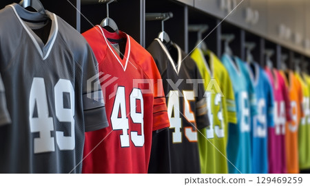 Colorful sports jerseys hanging in a locker room showcasing team spirit and athletic apparel design 129469259