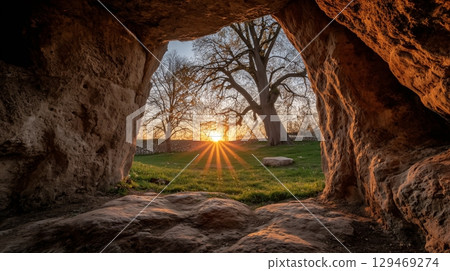 Sunrise illuminates empty tomb with rolling stone as vibrant sunbeams break through 129469274