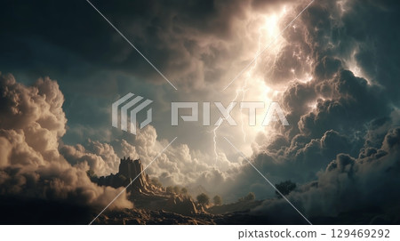 Biblical creation story visualization highlighting divine power through vibrant clouds and dramatic lightning 129469292