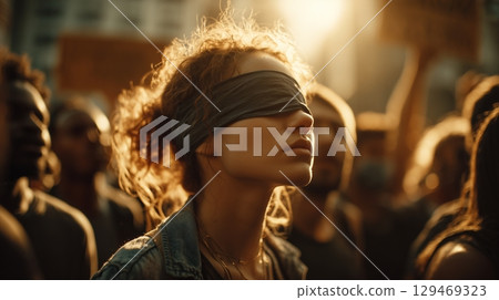 Young woman with blindfold standing in crowd during protest at sunset highlights resilience and unity in the fight for justice Young woman with blindfold standing in crowd during protest at sunset highlights resilience and unity in the fight for justice 129469323