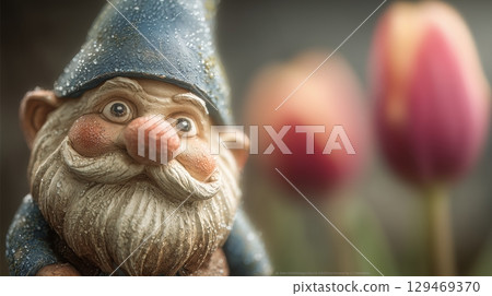 Celebrating International Gnome Day with a colorful garden gnome and vibrant tulips in the background Celebrating International Gnome Day with a colorful garden gnome and vibrant tulips in the background 129469370