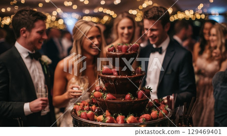 Group of joyful guests at a festive event, enjoying a chocolate fountain surrounded by fresh strawberries, creating a lively and celebratory atmosphere with twinkling lights Group of joyful guests at a festive event, enjoying a chocolate fountain surrounded by fresh strawberries, creating a lively and celebratory atmosphere with twinkling lights 129469401