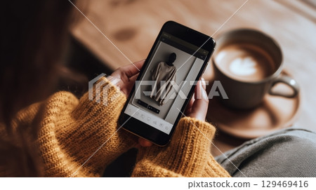 Individual holding smartphone displaying fashion item, cozy atmosphere with warm sweater, wooden table 129469416