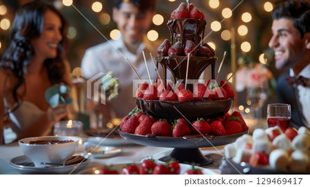 Chocolate fountain centerpiece surrounded by fresh strawberries and desserts, with joyful guests enjoying a festive celebration in a beautifully decorated setting 129469417