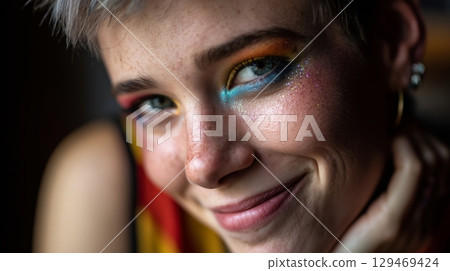 Colorful portrait of a young non-binary person with vibrant makeup and casual pose in a cozy indoor setting 129469424