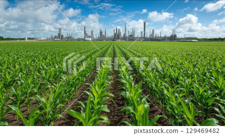 Expansive corn field bordered by an ethanol production facility under a clear blue sky in a rural landscape 129469482