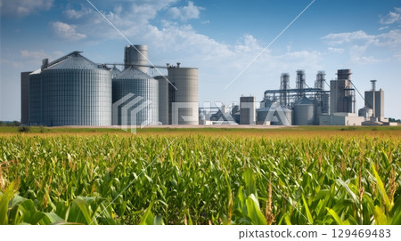 Expansive corn field borders ethanol production facility in rural landscape under a clear blue sky 129469483