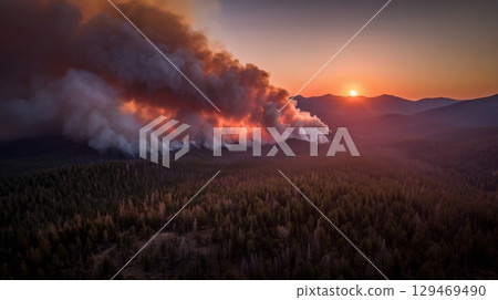 Forest fires rage across distant mountains at sunset, illuminating smoke-filled skies in a dramatic display of nature's fury 129469490