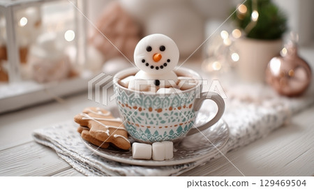 Cute snowman crafted from marshmallows sits in a warm drink alongside gingerbread cookies on a festive table 129469504