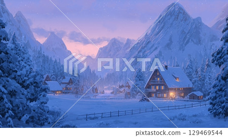 Snowy mountain village at twilight with cozy cabins and a serene atmosphere during winter season 129469544