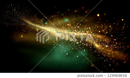 Abstract cosmic background with shimmering golden particles and vibrant green hues in space 129469638