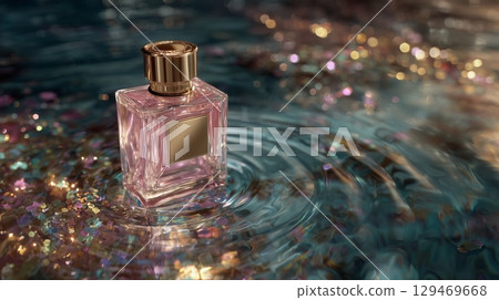 Elegant perfume bottle with a golden cap is floating on shimmering water, surrounded by colorful glitter, creating a luxurious 129469668