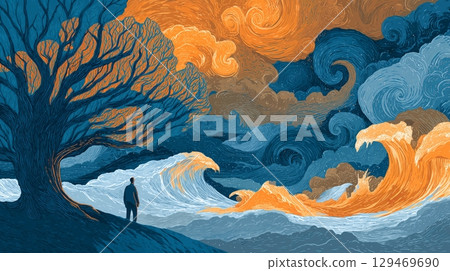 Journey from trauma to healing through struggle and resilience in a symbolic landscape of nature's fury and calm 129469690