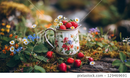 Charming Swedish midsummer setup with flowers and fresh strawberries in a serene meadow 129469691