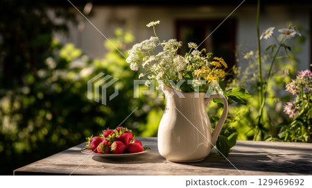 Charming midsummer setup in Sweden with a ceramic jug, fresh strawberries, and meadow flowers on a wooden table 129469692
