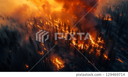 Aerial view of raging wildfire engulfing forested area, with flames and smoke creating dramatic contrast against the sky 129469714
