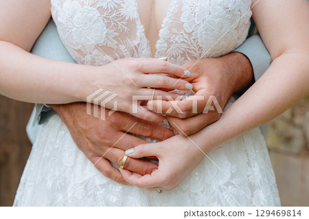 Close-up of intertwined hands showcasing wedding rings and lace wedding dress. The image captures a tender moment symbolizing love, commitment, and unity on a special day. 129469814