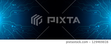 Circuit blue board texture on black technology web banner background.  129469816