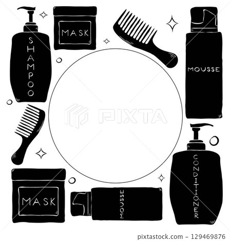 Hair treatment square frame. Vector graphic line ink template illustration. Place for your text, logo. Comb, shampoo, conditioner, mask bottle. Beauty and fashion concept 129469876