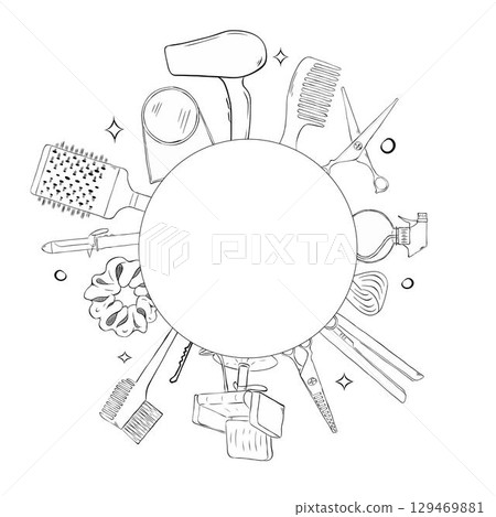 Hair salon items circle round frame. Vector graphic line ink template illustration. Place for your text, logo Banner, poster, wrapping paper, sticker, print, modern textile design. Hair salon items circle round frame. Vector graphic line ink template illustration. Place for your text, logo Banner, poster, wrapping paper, sticker, print, modern textile design. 129469881