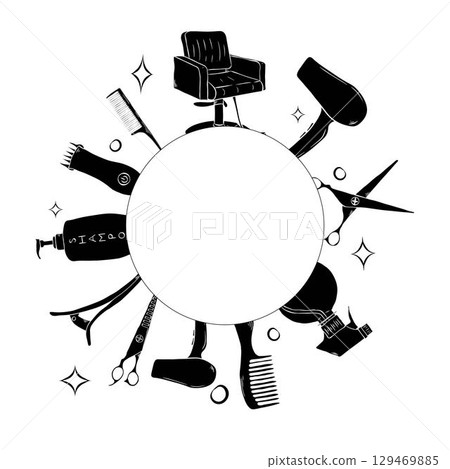 Barbershop tools circle round frame. Vector graphic line ink template illustration. Place for your text, logo design for fashion graphics, textile prints, fabrics, wallpapers. Barbershop tools circle round frame. Vector graphic line ink template illustration. Place for your text, logo design for fashion graphics, textile prints, fabrics, wallpapers. 129469885
